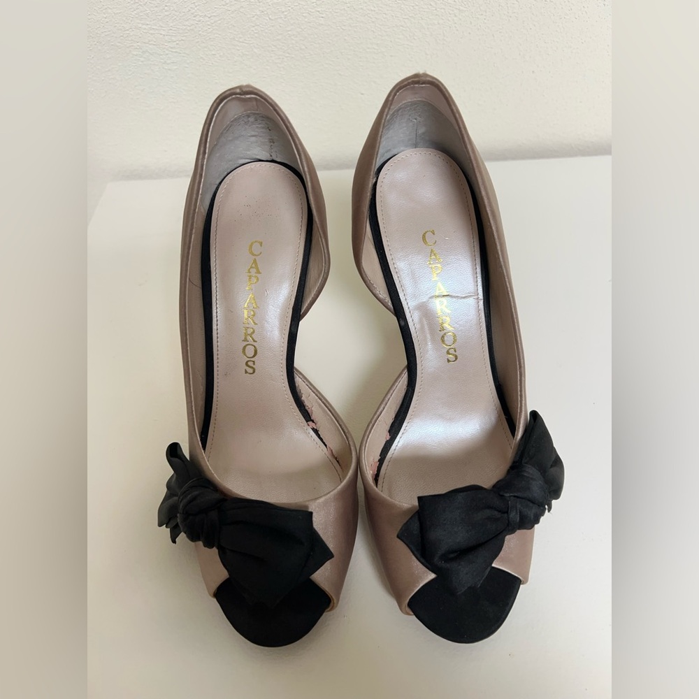 Caparros Beige Peep Toe Heels with Black Bow